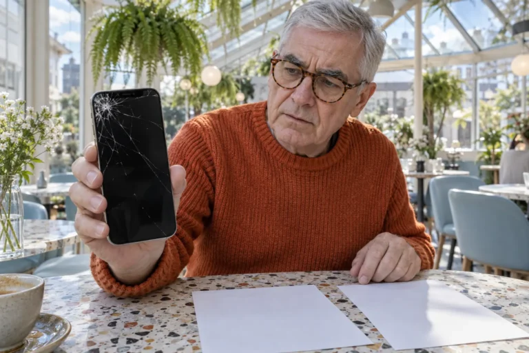 Man med glasögon visar en iPhone med sprucken skärm vid ett kafébord med två papper.