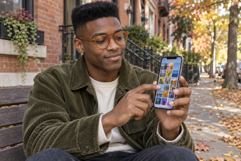 Man med orange glasögon tittar på bilder i sin iPhone på en bänk utomhus.