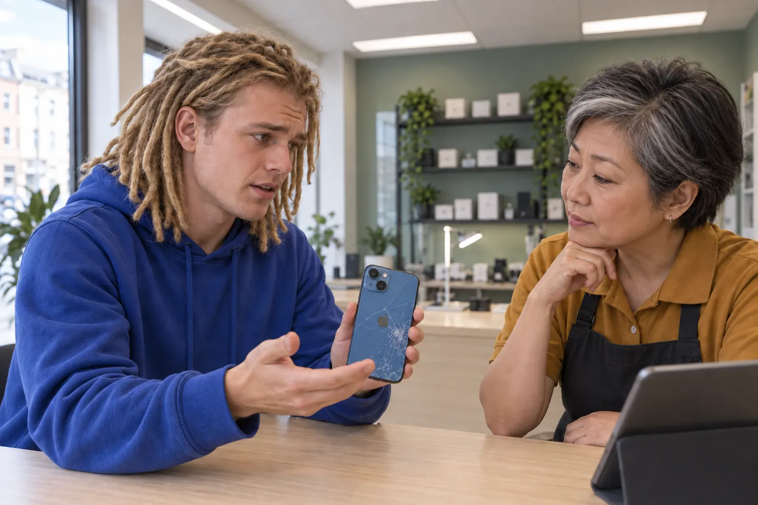 Kund visar en blå iPhone med sprucket bakglas för en tekniker i verkstaden.