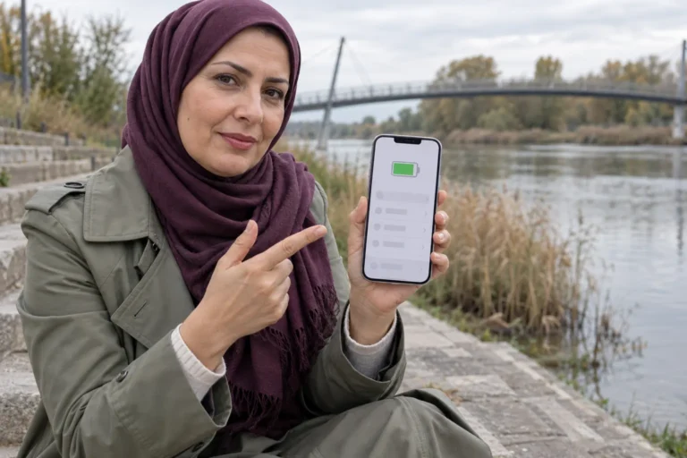 Kvinna med lila sjal visar en iPhone med en batterisymbol vid vattnet.