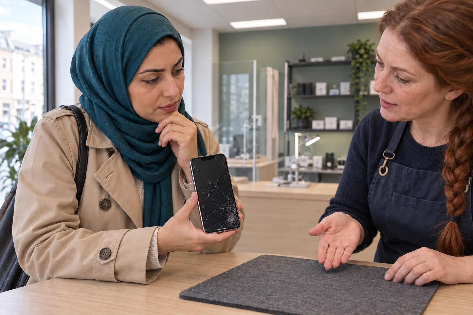 Kvinna visar en iPhone med sprucken skärm för en reparatör i en mobilverkstad.