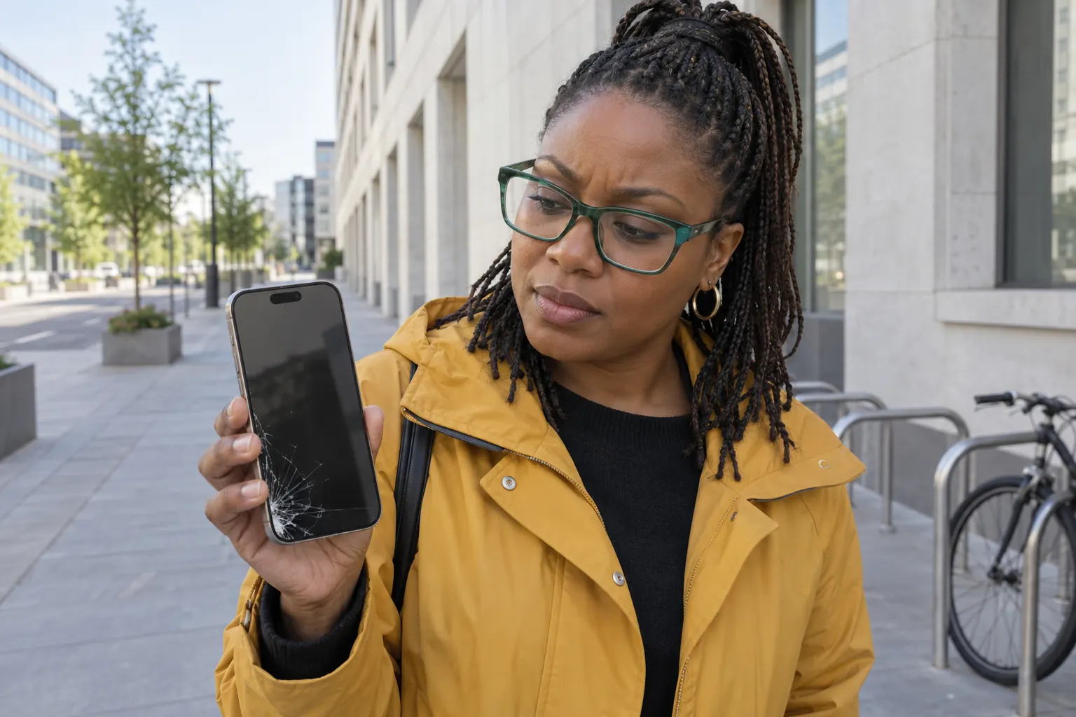 Kvinna med gröna glasögon visar en iPhone med sprucken skärm på en trottoar.