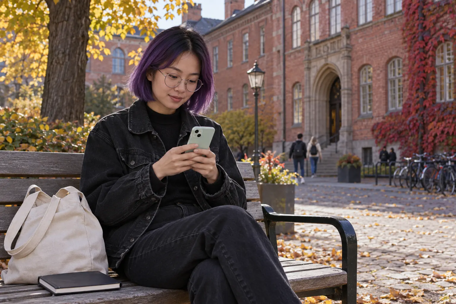 Kvinna med lila hår använder en ljusgrön iPhone på en bänk utomhus.