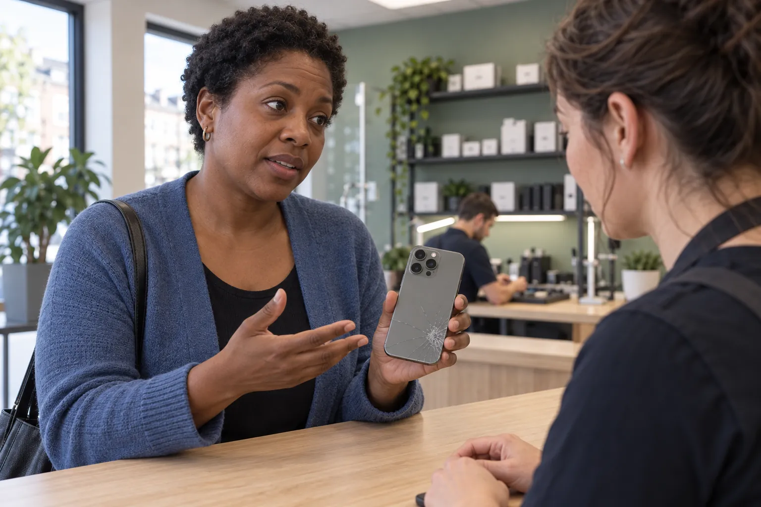 Kvinna visar en iPhone med sprucket bakglas för en reparatör i en mobilverkstad.