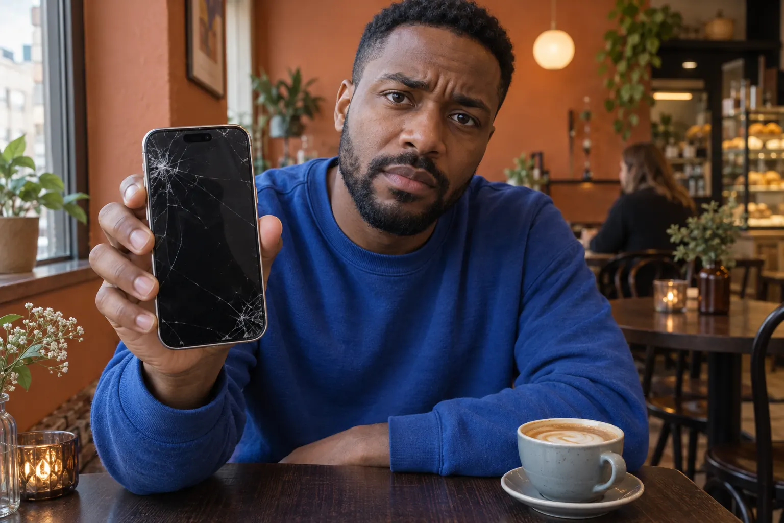 Man visar en modern iPhone med sprucken skärm vid ett kafébord.
