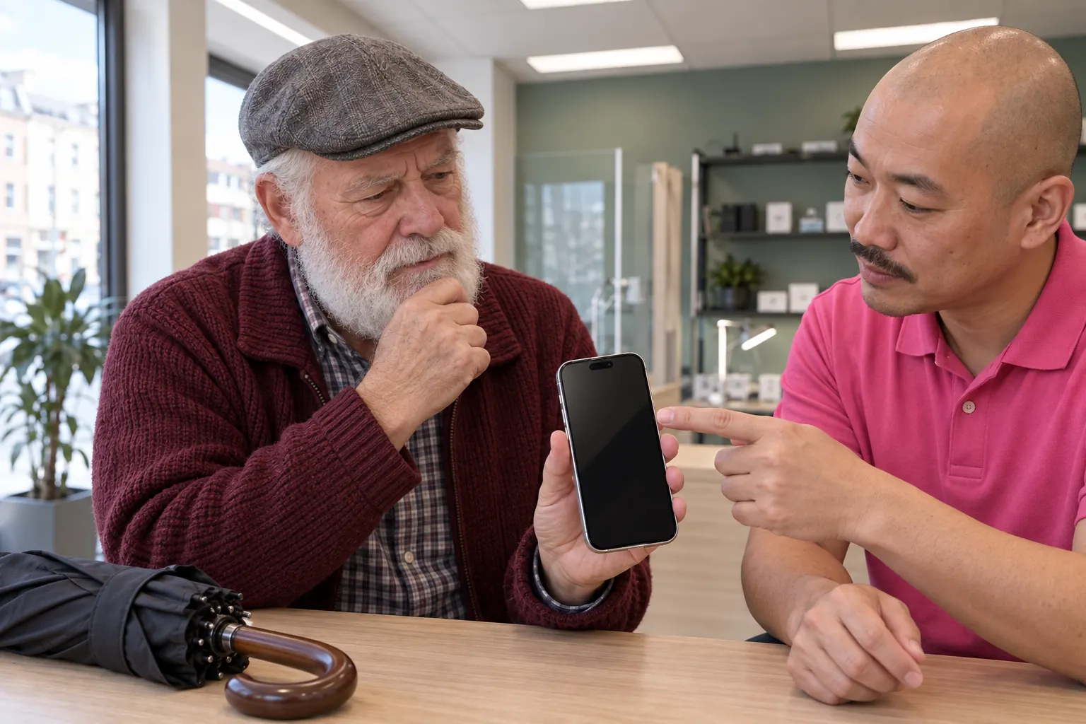 Man med grå keps visar en iPhone medan en tekniker pekar på kanten av skärmen.