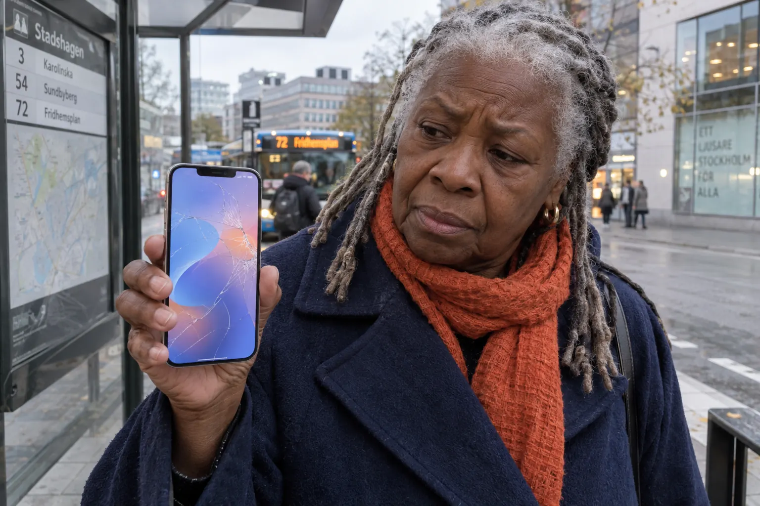Kvinna med grå dreadlocks visar en iPhone med sprucken skärm vid en busshållplats.