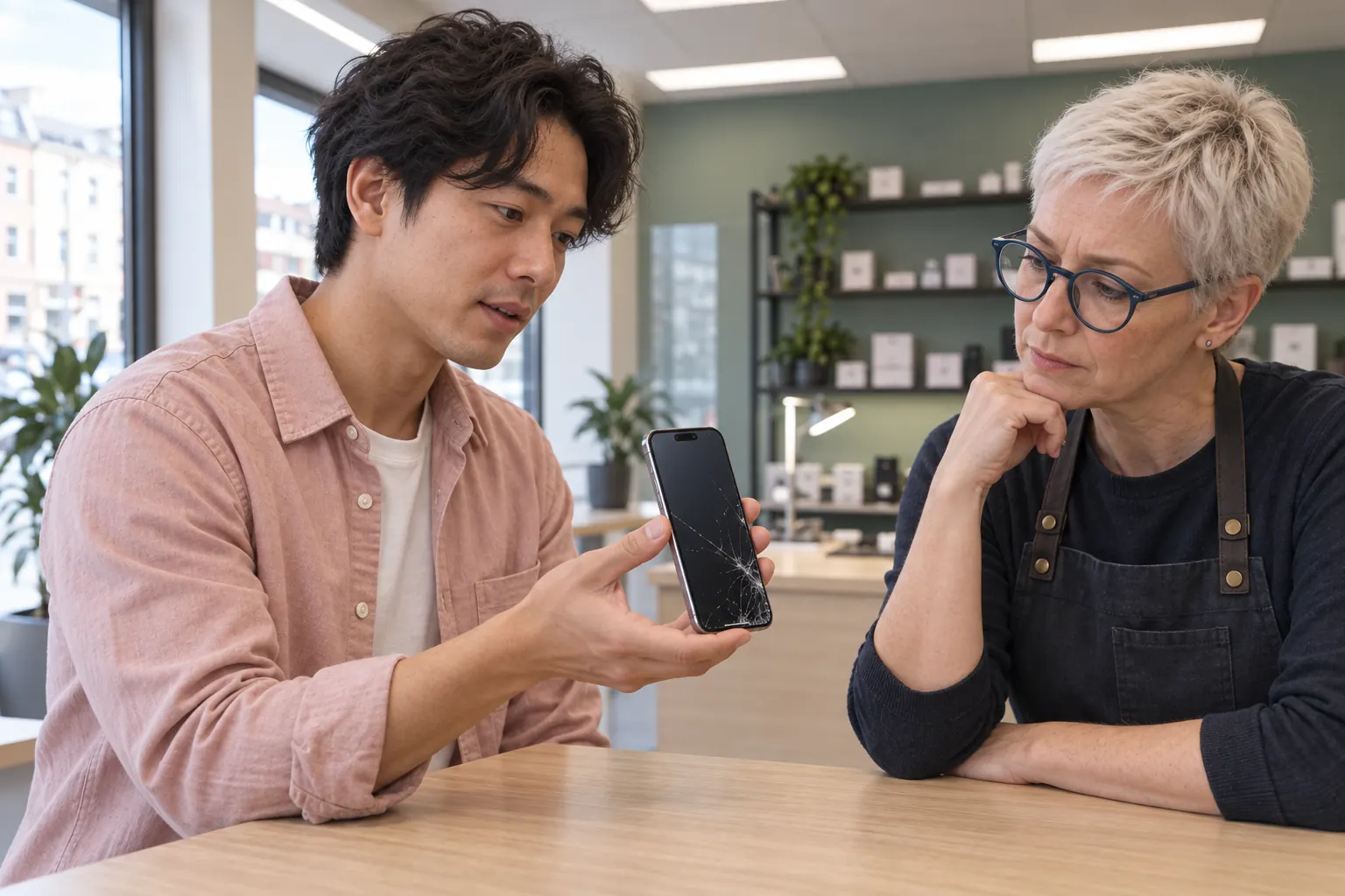 Man visar en tunn iPhone med sprucken skärm för en reparatör i en mobilverkstad.