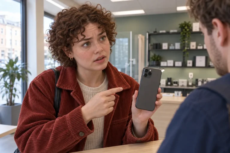 Kvinna håller en iPhone medan hon pratar med en reparatör vid verkstadsdisken.