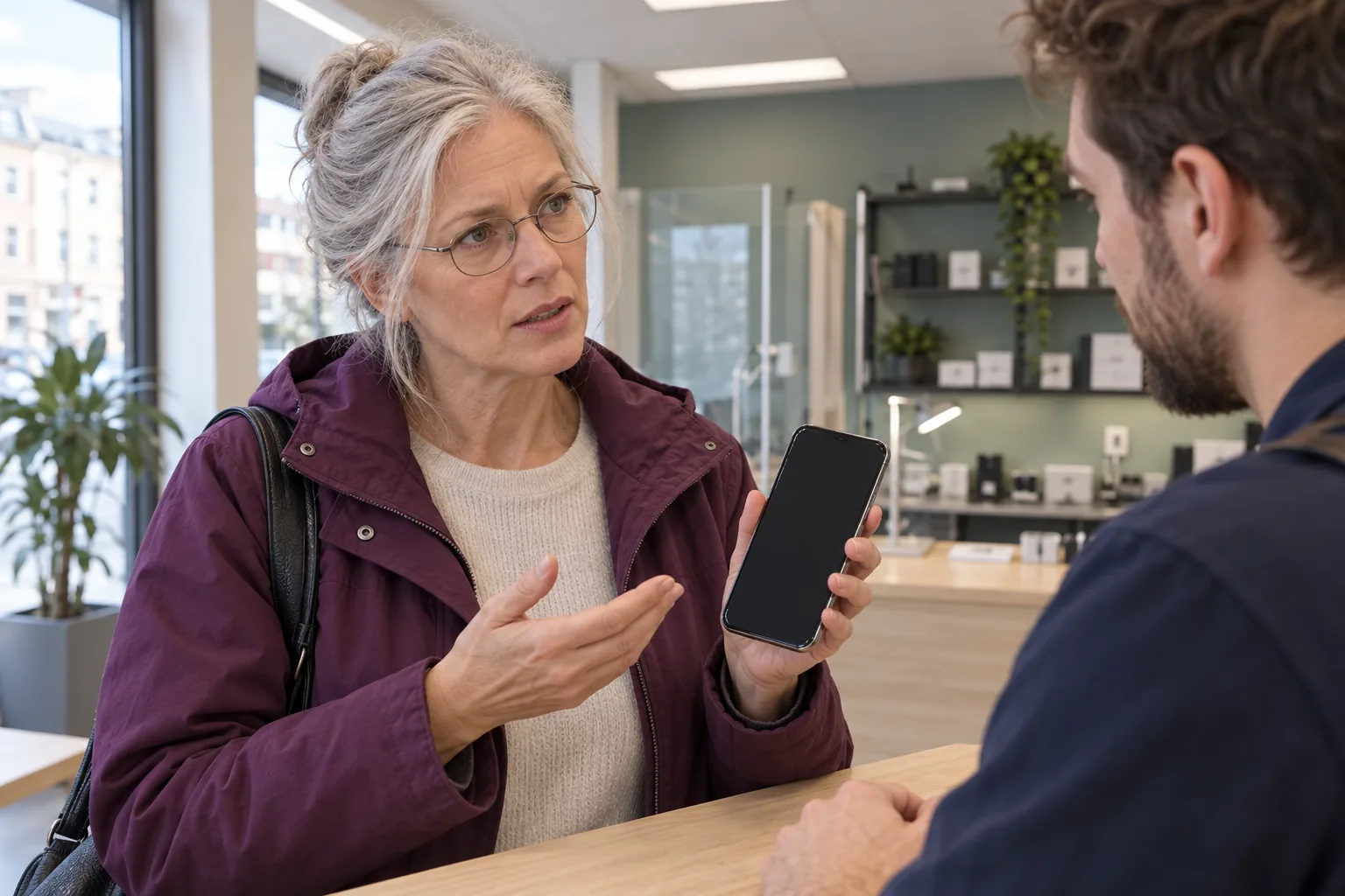 Kvinna med glasögon visar en iPhone i en reparationsverkstad.