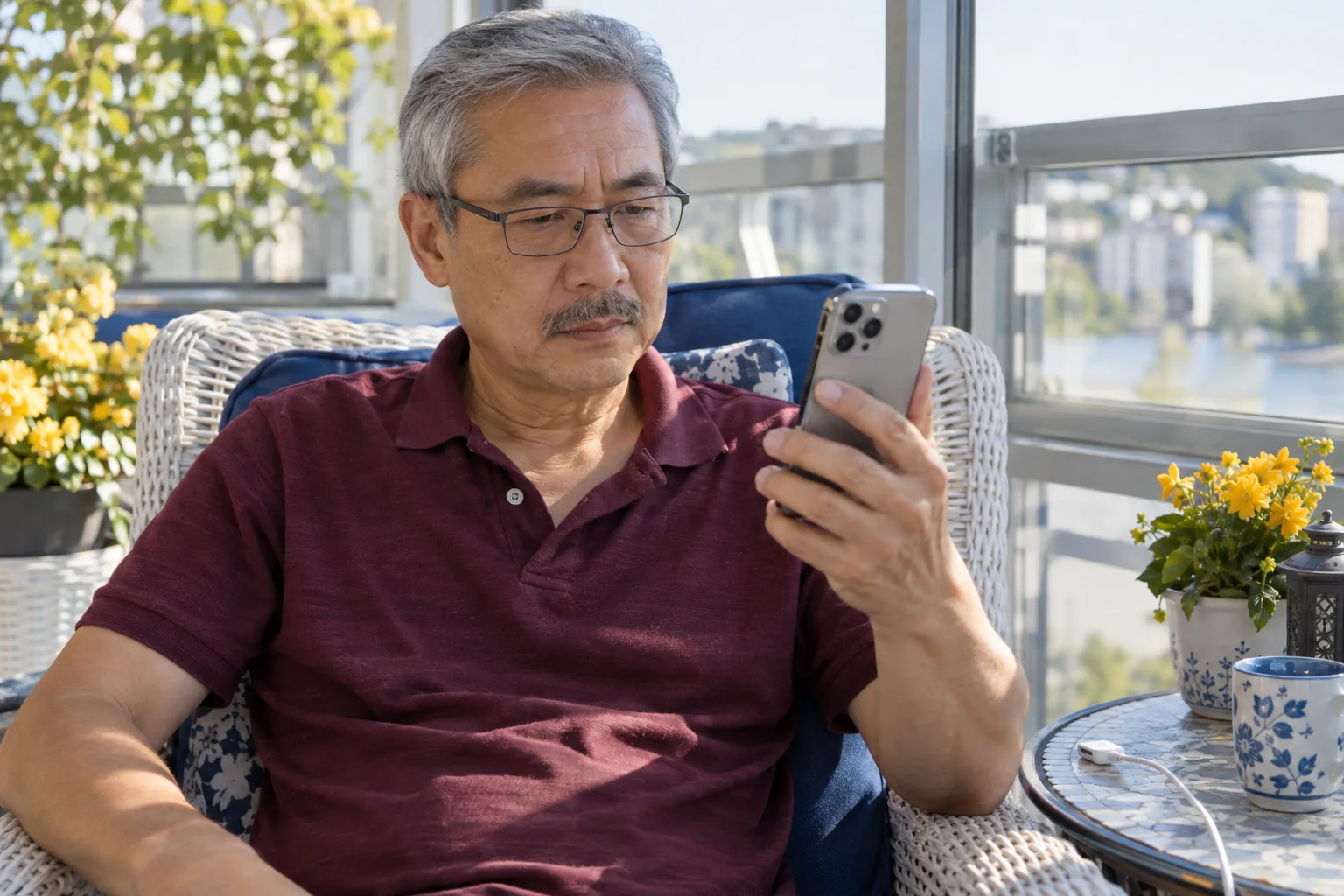 Man tittar på sin iPhone på en inglasad balkong med en urkopplad kabel på bordet.