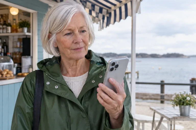 Kvinna i grön regnjacka tittar på sin iPhone vid en kiosk nära havet.