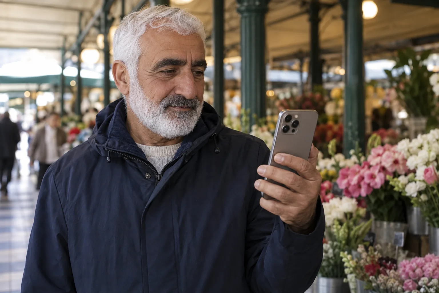 Man tittar på sin iPhone vid en täckt blomstermarknad.