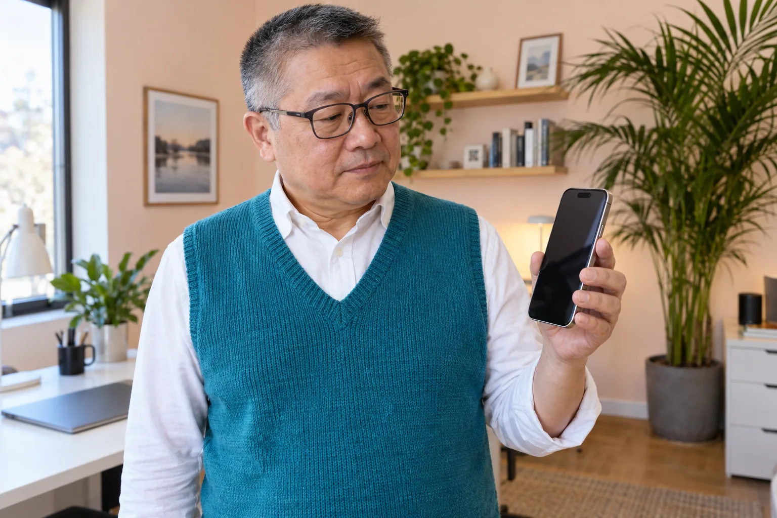 Man håller en iPhone med mörk skärm i ett ljust arbetsrum.