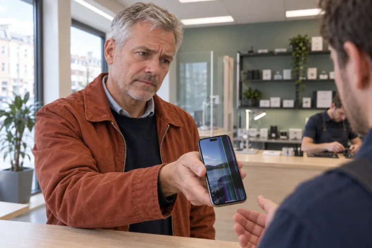 Person visar en mobil med färgade linjer i bilden för en reparatör.