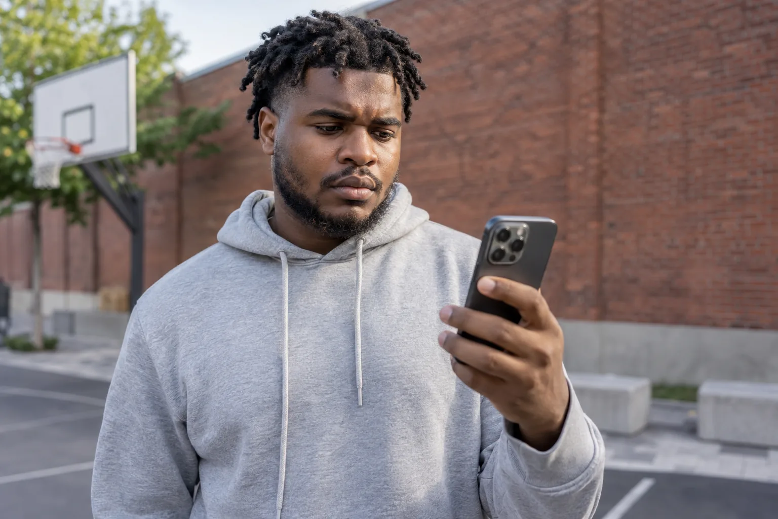 Man tittar på sin iPhone vid en basketplan med en tegelvägg i bakgrunden.