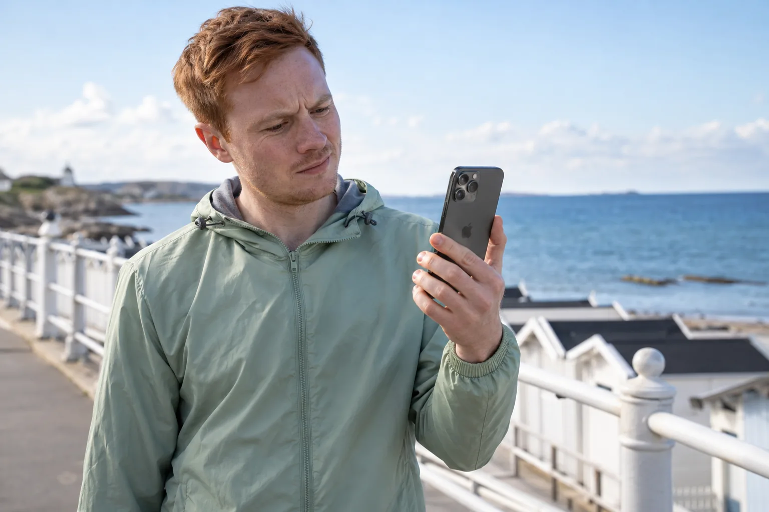 Man tittar på sin iPhone vid havet, med mobilens tre bakre kameralinser synliga.