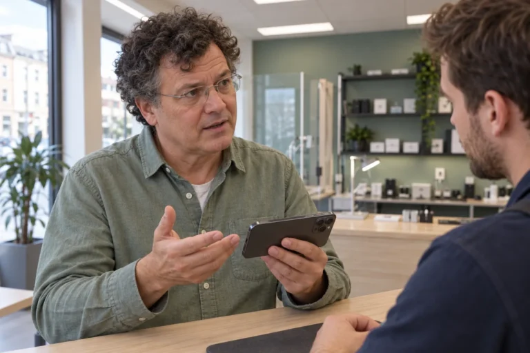 Man håller en iPhone i liggande läge medan han pratar med en reparatör.