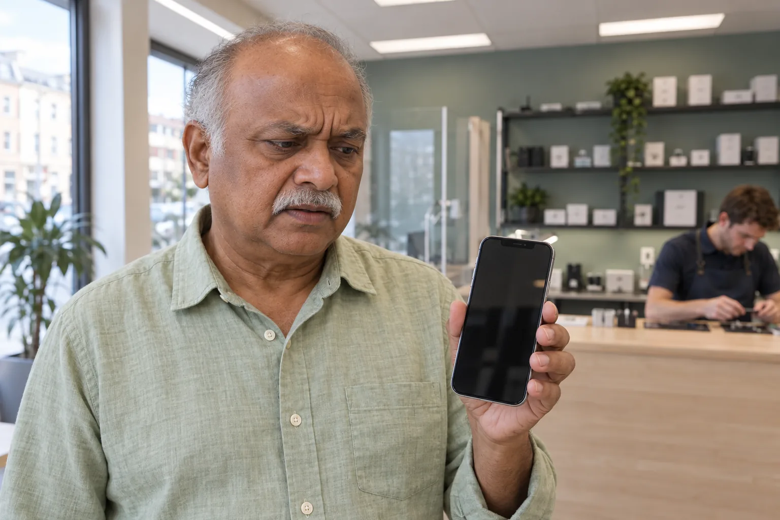 Man visar en iPhone med svart skärm och kamerautskärning upptill i en mobilverkstad.
