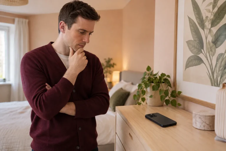 Man tittar på en iPhone i ett mörkt skal på en byrå i sovrummet.