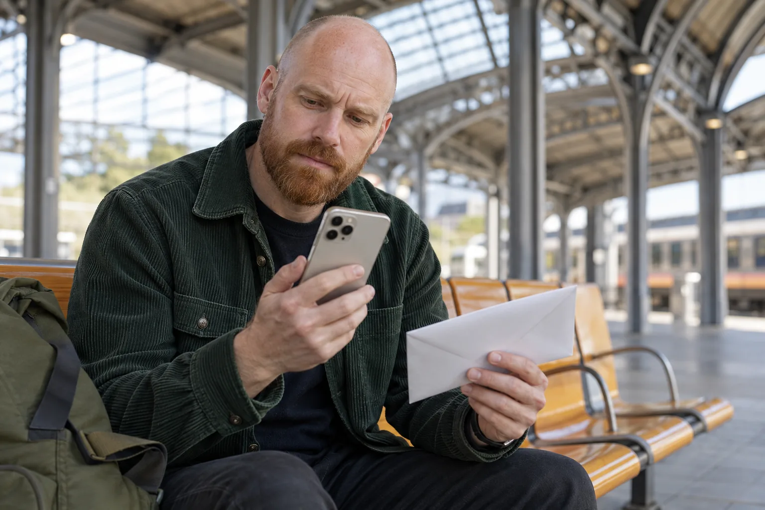 Man håller en iPhone och ett kuvert på en bänk i en stationshall.