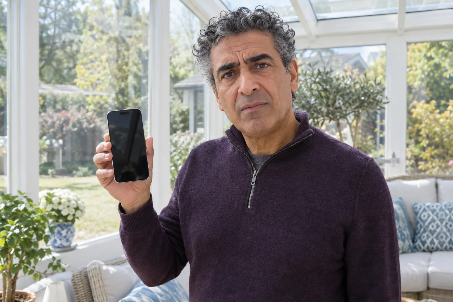 Man håller en iPhone med mörk skärm i ett ljust uterum.