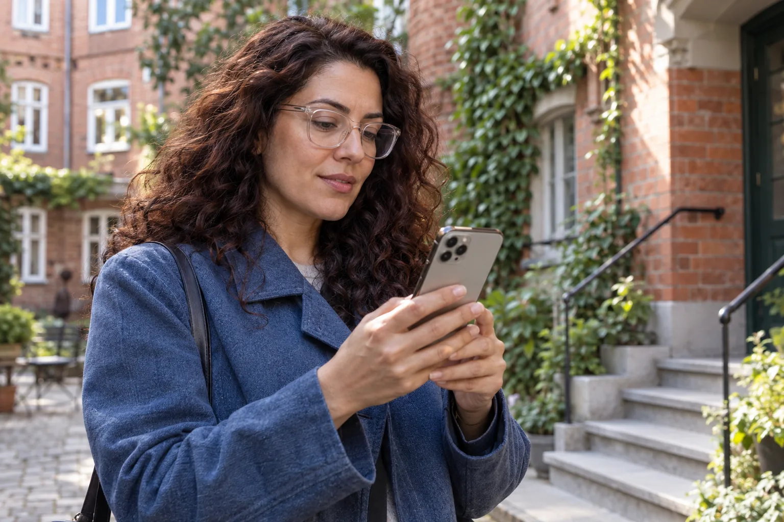 Kvinna tittar på sin iPhone på en innergård med tegelhus.