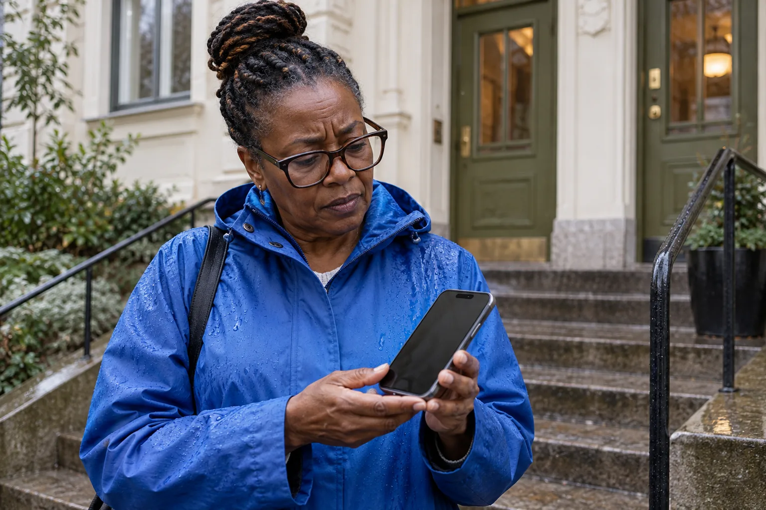 Person i blå regnjacka håller en mobil vid en trappa utomhus.