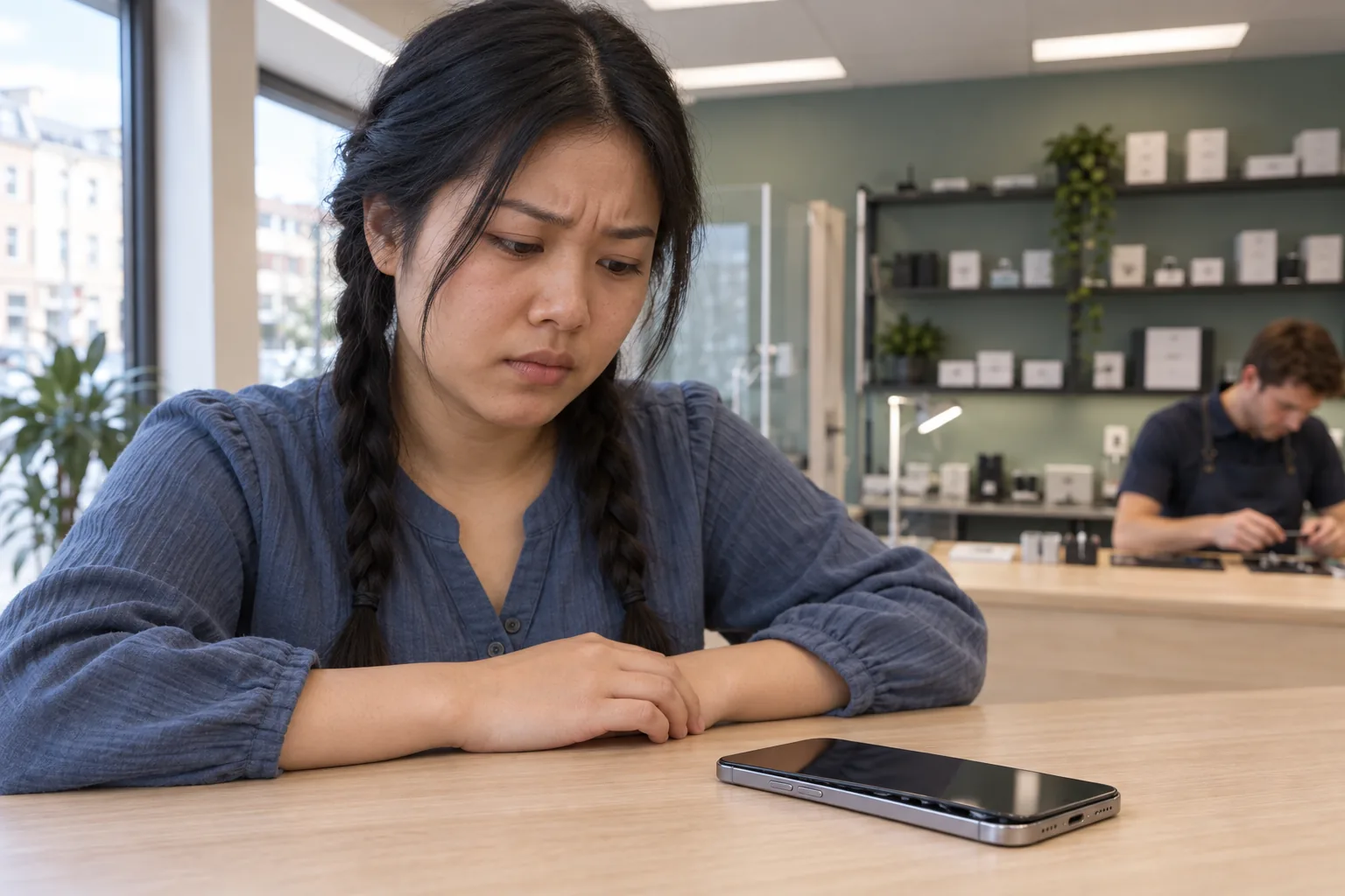 Person tittar på en mobil med en upplyft skärmkant som ligger på en verkstadsdisk.