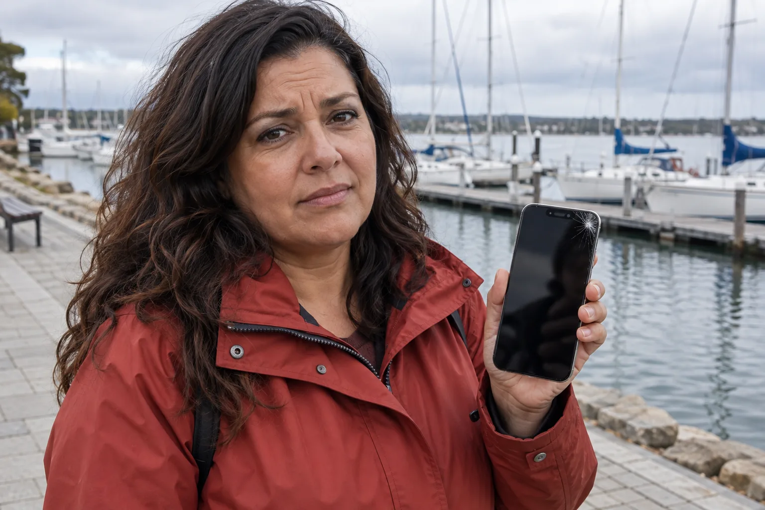 Kvinna visar en iPhone med spricka i skärmens hörn vid en småbåtshamn.