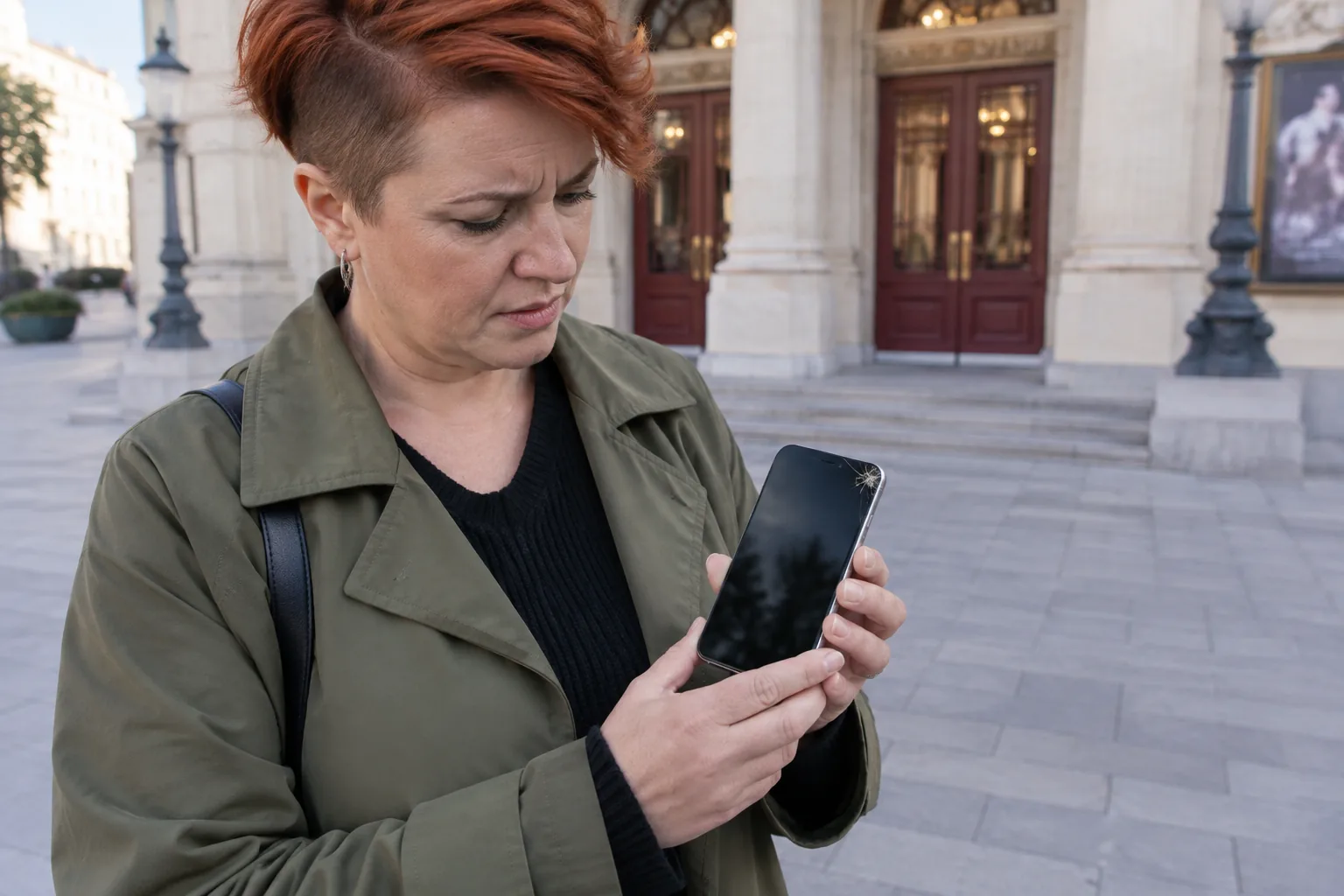 Kvinna tittar på en iPhone med sprucket skärmhörn utanför en teater.