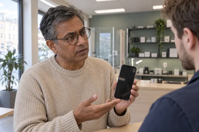 Man visar en iPhone med spricka i skärmens hörn för en reparatör.