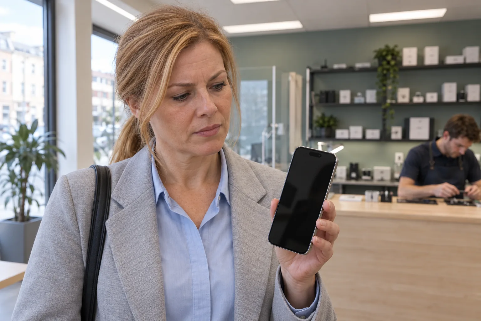 Kvinna visar en iPhone med svart skärm i en mobilverkstad.