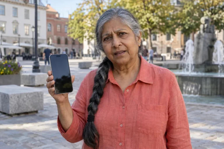 Person med grå fläta håller en mobil på ett torg med en fontän.