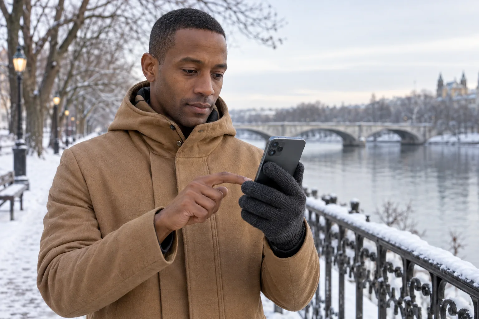 Man håller en iPhone med en handske och använder den andra handen utan handske vid en snöig gångväg.