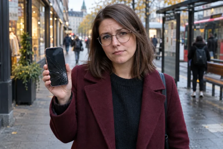 Person i vinröd kappa visar en mobil med sprucket glas på en stadsgata.