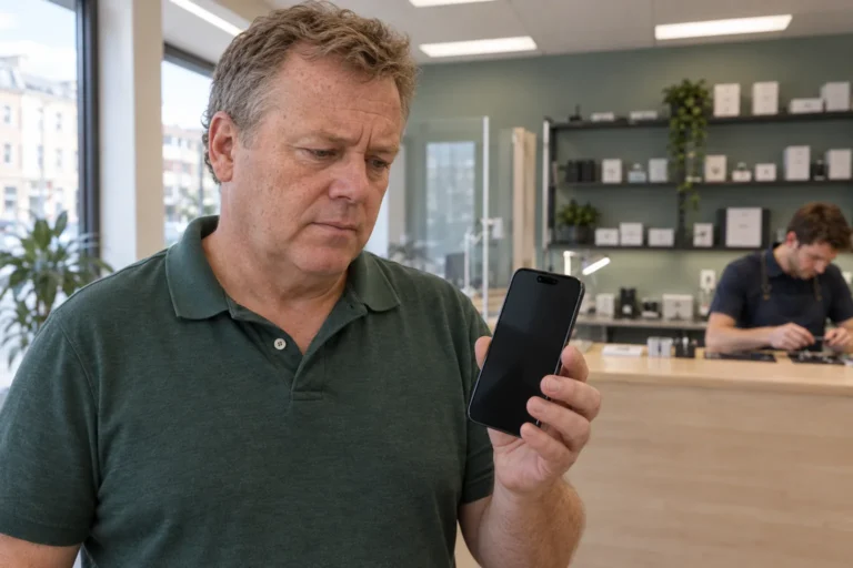 Person i grön pikétröja visar en mobil i en mobilverkstad.