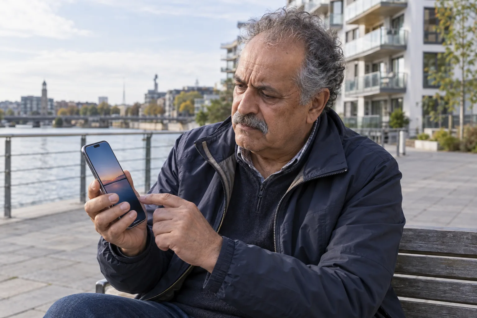 Person i blå jacka försöker använda sin mobil på en bänk vid vattnet.