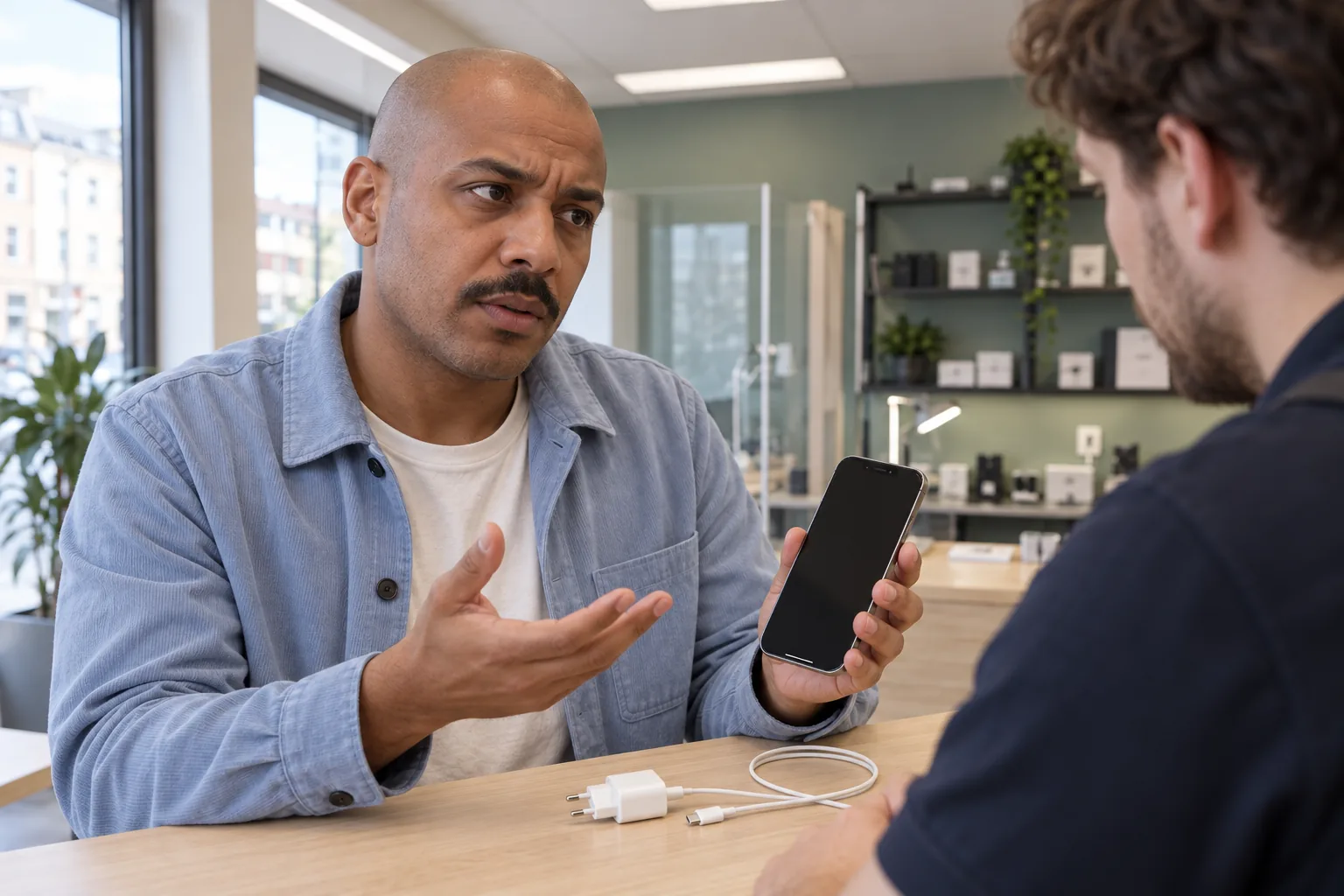Man visar en iPhone för en reparatör med urkopplad laddare och kabel på disken.
