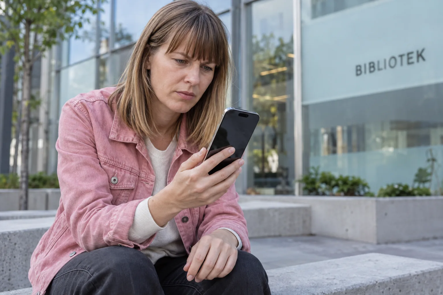 Kvinna tittar på sin iPhone utanför ett bibliotek.