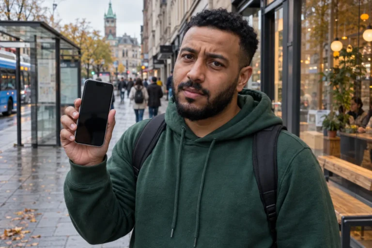 Person i grön tröja visar en mobil med svart skärm på en stadsgata.