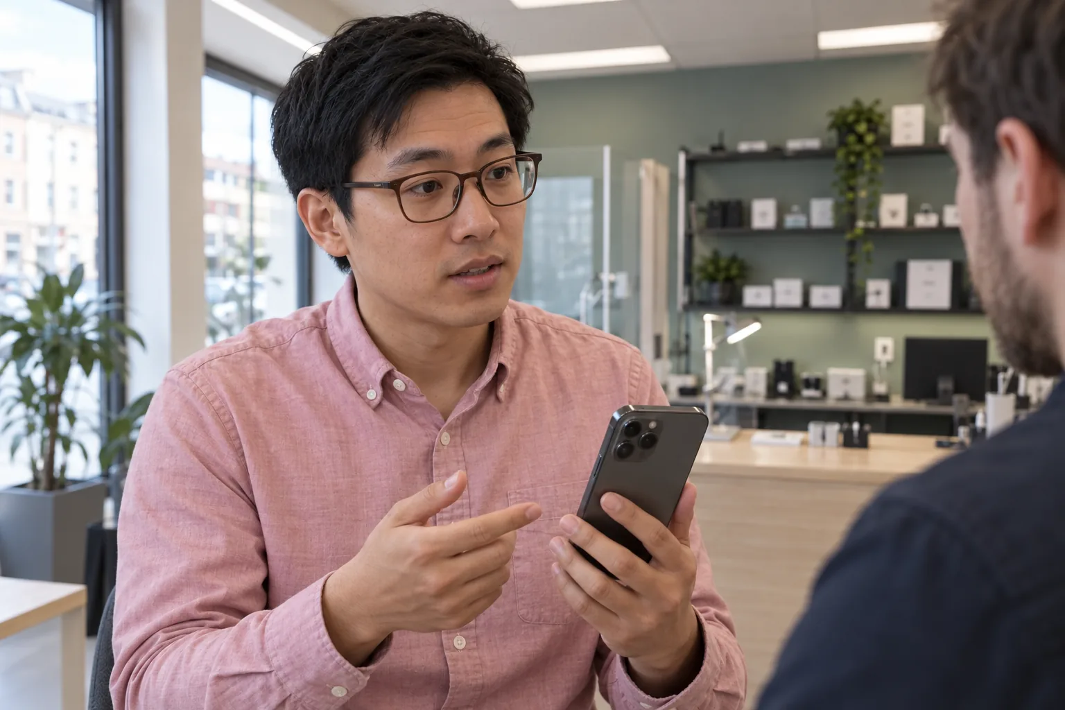 Man med glasögon håller en iPhone och pratar med en reparatör vid verkstadsdisken.