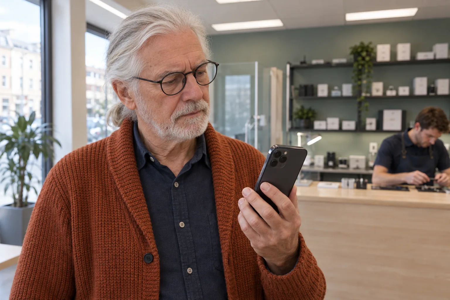 Man med glasögon håller en mobil i en reparationsverkstad.
