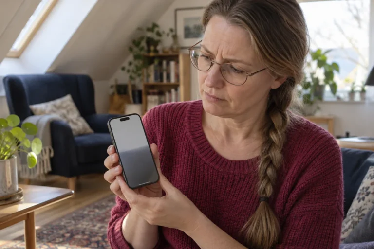 Person håller en mobil med mörkare nedre del av skärmen i ett vardagsrum.