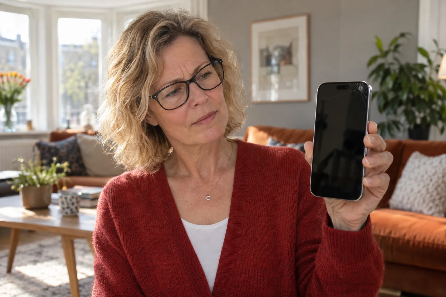 Kvinna håller en iPhone med en spricka i skärmens hörn i ett vardagsrum.