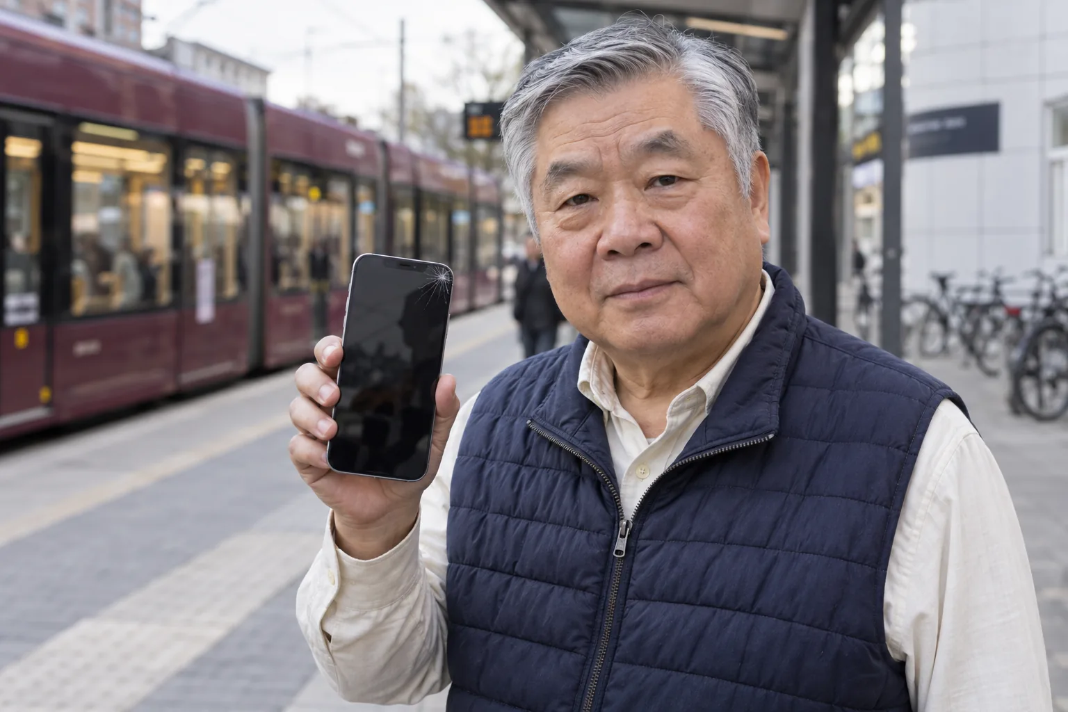 Man visar en iPhone med spricka i skärmens hörn vid en spårvagnshållplats.