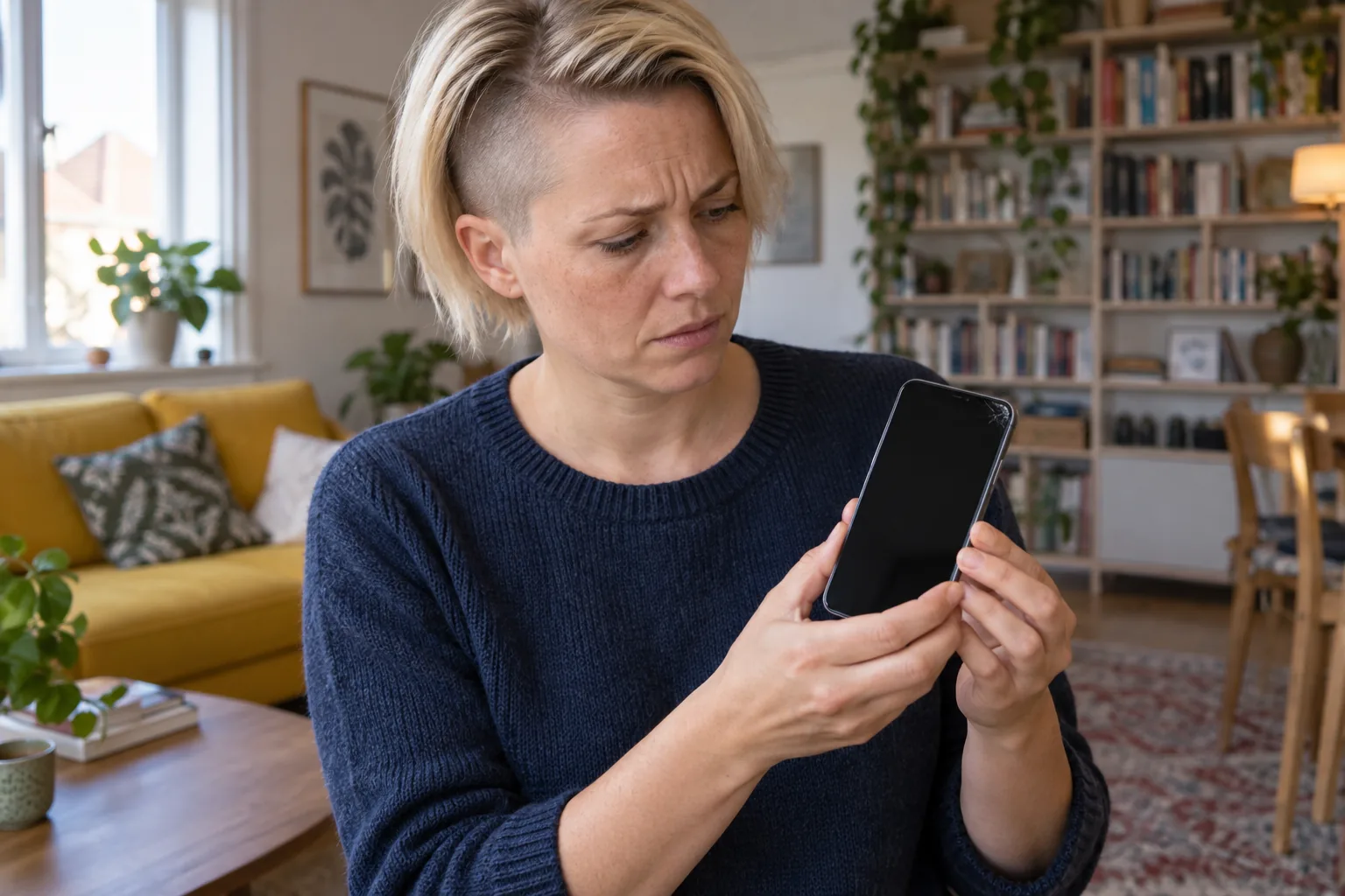 Person håller en mobil med svart skärm och sprucket hörn i ett vardagsrum.