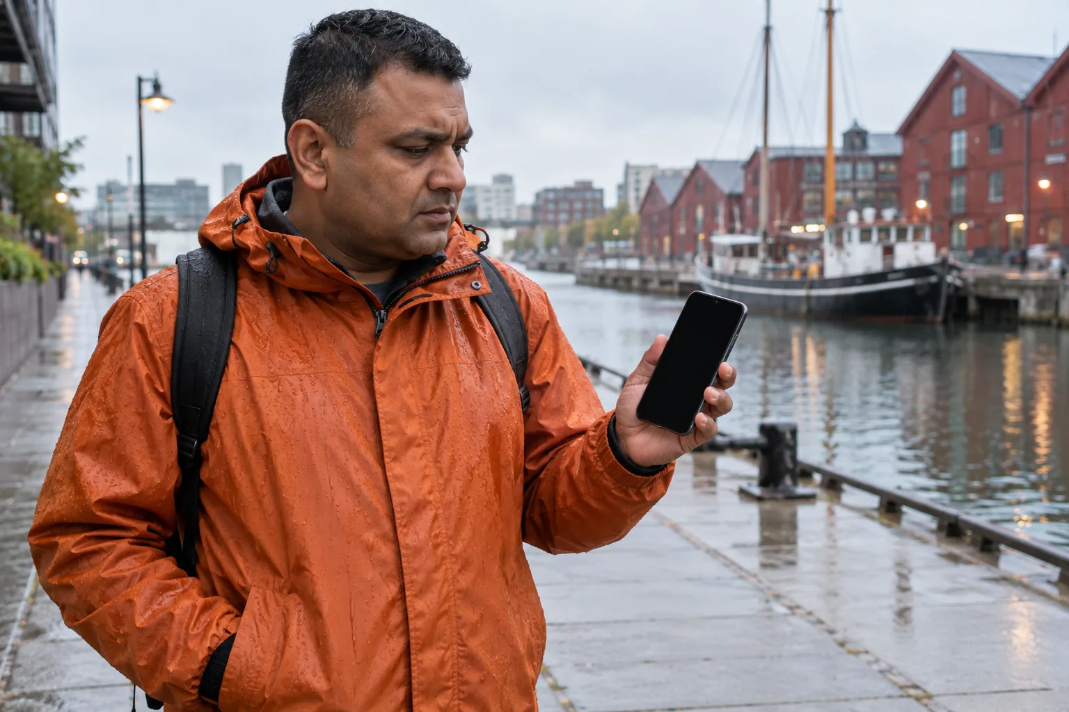 Person i orange regnjacka håller en mobil med svart skärm vid en kanal.