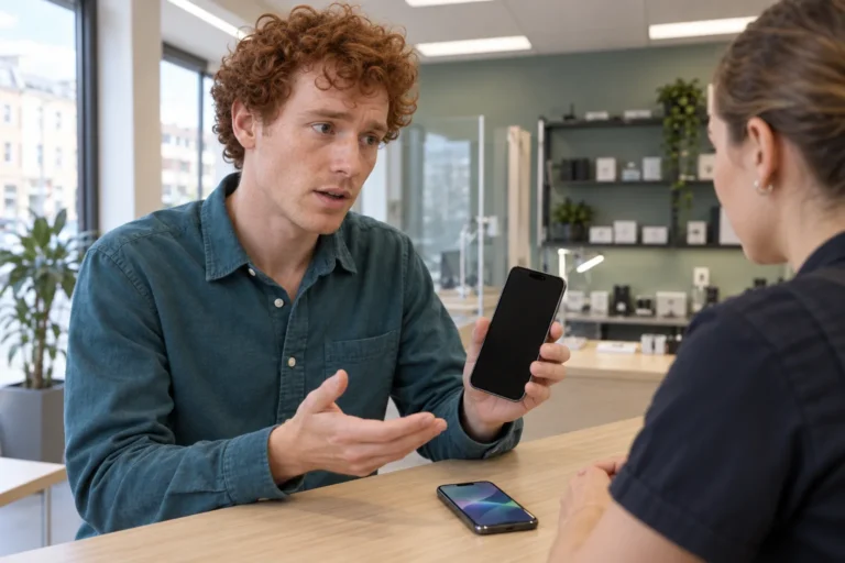 Man visar en iPhone med svart skärm för en reparatör, med en annan mobil på disken.
