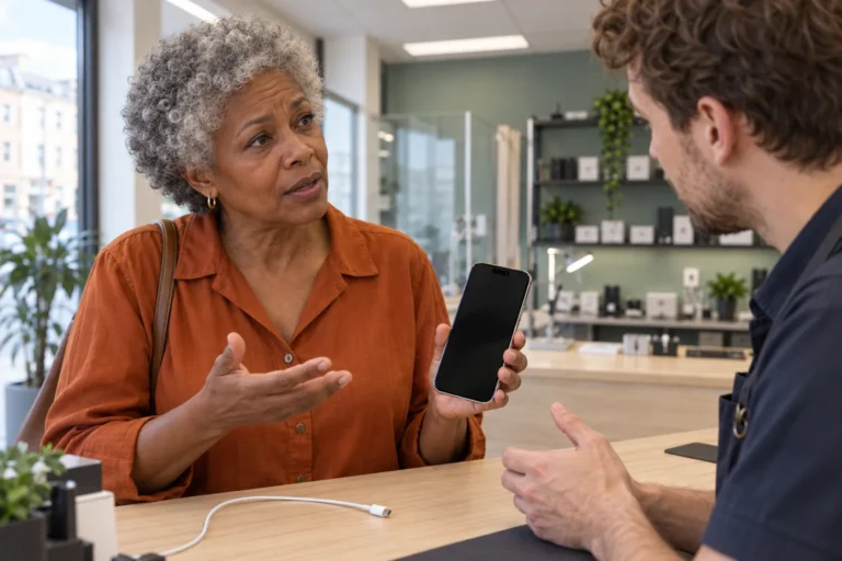 Kvinna visar en iPhone med svart skärm i verkstaden, med en urkopplad laddkabel på disken.